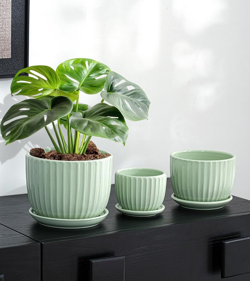 Ton Sin Flower Pots, Light Green Ceramic Plant Pots Set of 3,Small Glazed Succulent Pots with Drainage Hole,Cactus Planter with Saucer,Outdoor Garden Pots (Green) - Image 2